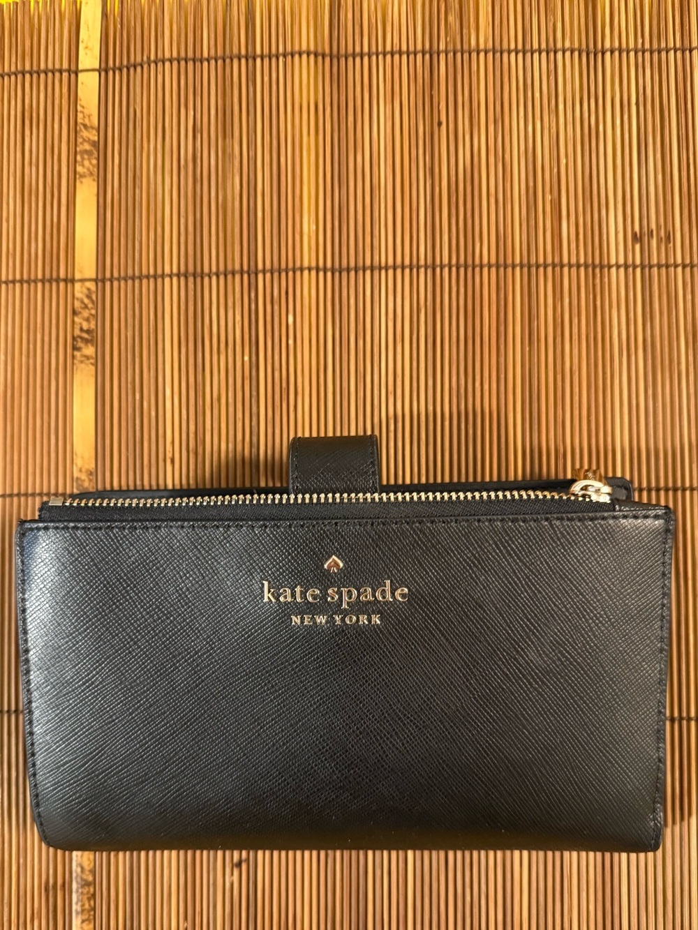 Kate Spade Black Saffiano Zip & Snap Wallet with Gold Logo